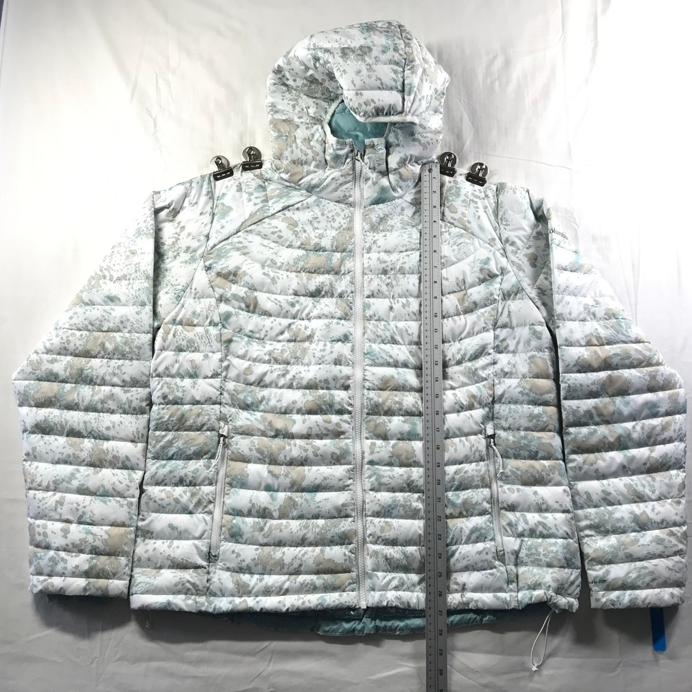 Columbia Womens XXL Omni-Heat Hooded Puffer Jacket White Teal Abstract XL7189 - Picture 2 of 8